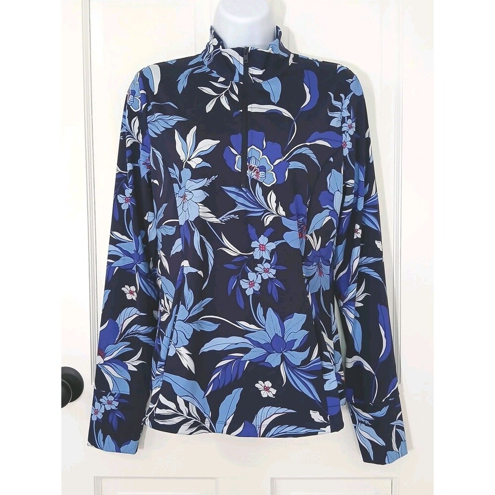Tommy Bahama Everyday Active 1/4 Zip Pullover Women’s M Blue Floral Thumbholes - Picture 2 of 16